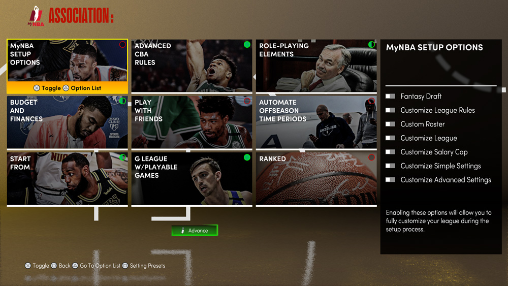 mi nba configuraciones disponibles en un guardado