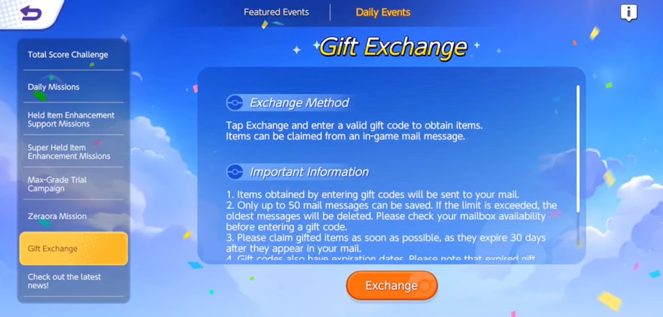 pokemon unite pantalla de gift exchange b